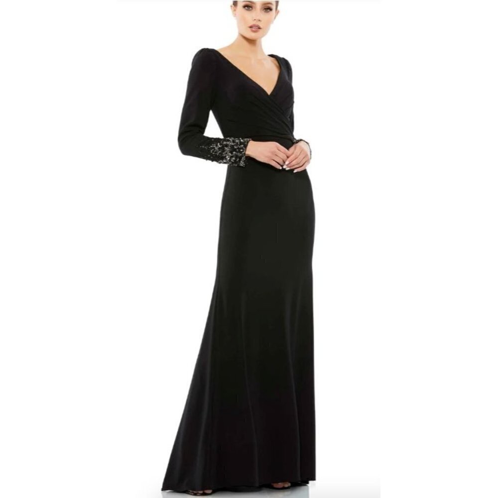 MAC DUGGAL 55712 Beaded Cuff Long Sleeve Black Evening Gown Maxi Size 18 NEW